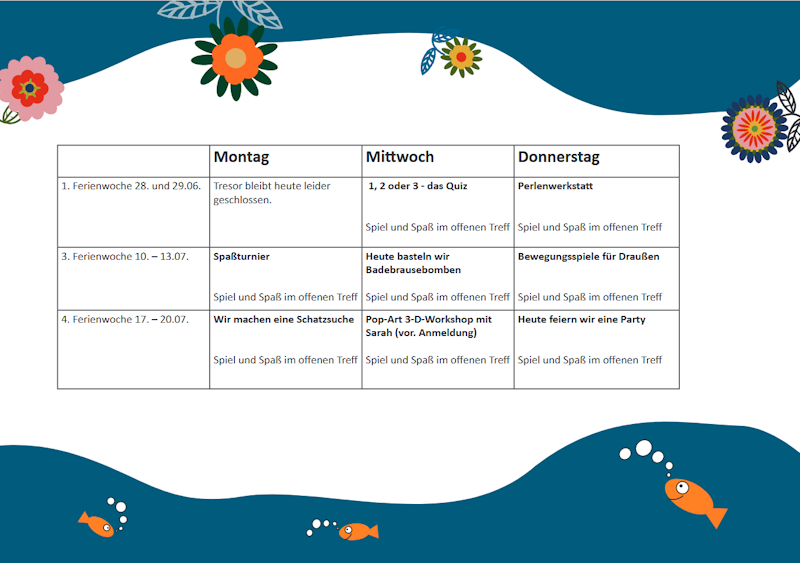 Ferienprogramm Tabelle